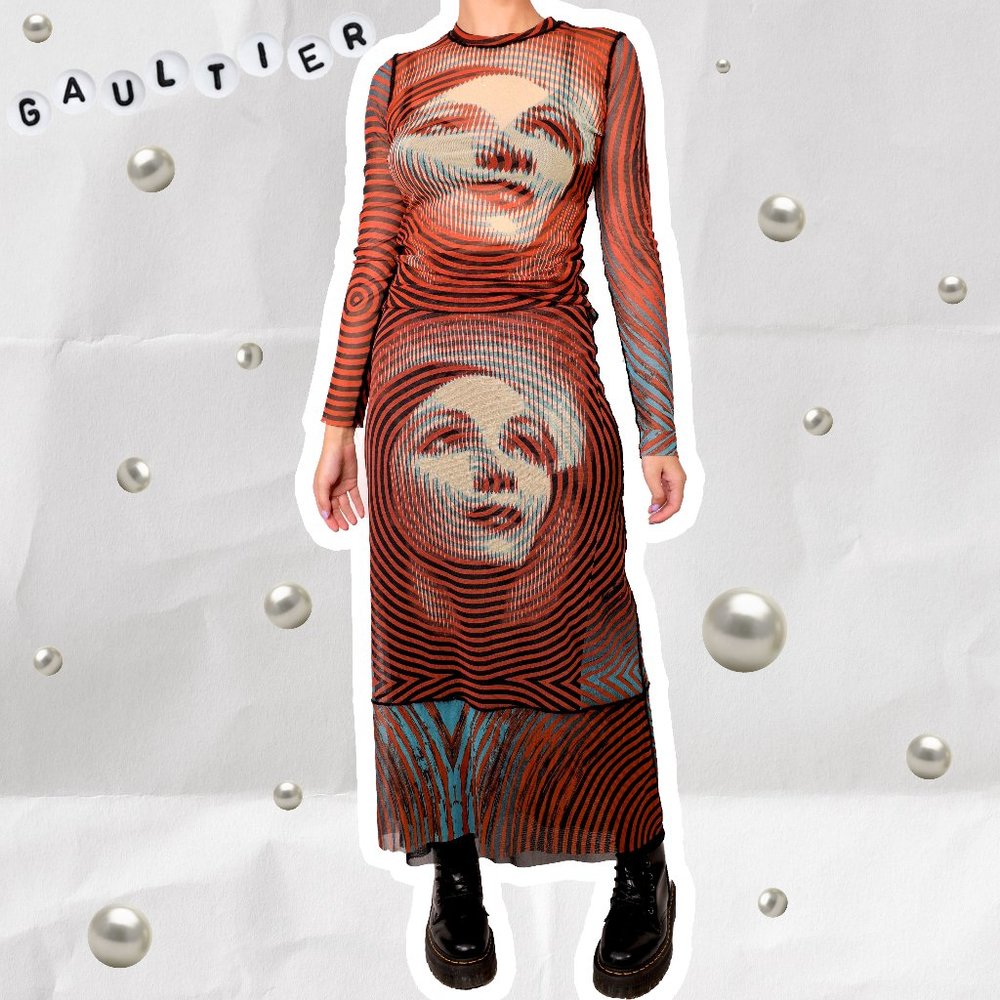 JEAN PAUL GAULTIER MARLENE DIETRICH SPIRAL TATTOO PRINT MESH MAXI SKIRT